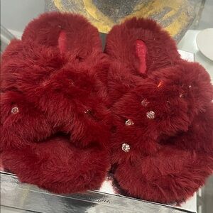 Luxurious Red Furry Slippers with Sparkling Accents